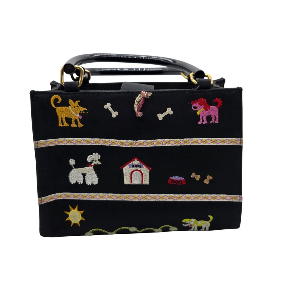 Kim Rogers Embroidered‎ Dog Purse Handbag Black Top Handle Dog Puppy Design